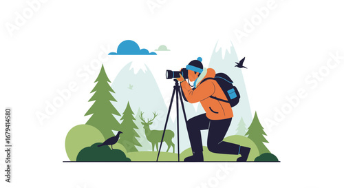 Photographer Outdoors Taking Pictures in Nature with Animals and Mountains in Background