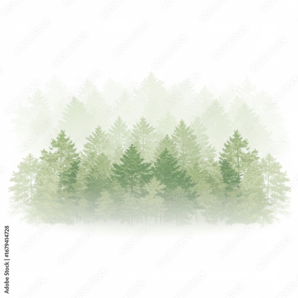 Fototapeta premium Dense Evergreen Forest with Heavy Fog and Misty Atmosphere in a White Background