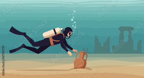 Scuba diver exploring underwater ruins near an Ancient Amphora and water illustration
