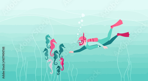 Scuba diver exploring underwater with seahorses in a vibrant ocean illustration