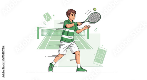 Player Hitting Tennis Ball During A Match In A Court Vector Illustration