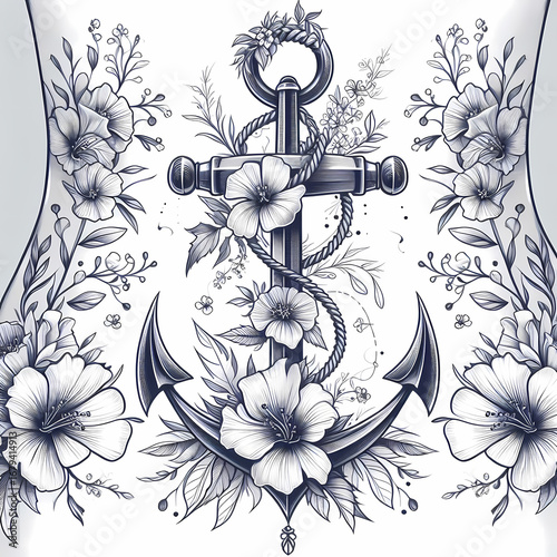Floral Anchor for Femininity. A stylized anchor tattoo adorned with delicate wildflowers and vines, blending strength and softness.