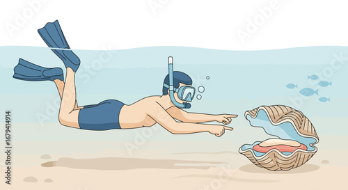 Scuba Diver Inquisitively Pointing Towards The Beautiful, Large Clam Under The Sea