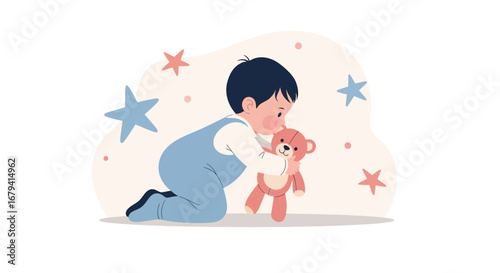 Playful Child Embraces Teddy Bear Amidst Celestial Embellishments Of Dreamland