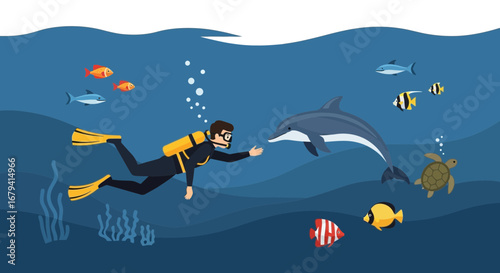 Scuba diver interacting with a dolphin underwater with fish and sea turtle in ocean