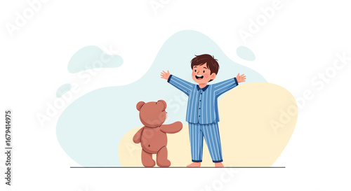 Playful Boy in Pajamas Awakening with His Teddy Bear at Morning Time