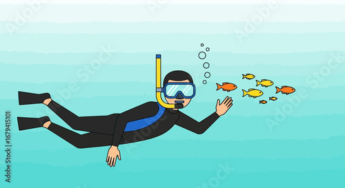 Scuba Diver Interacting With School Of Fish Underwater In Aquatic Paradise