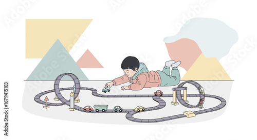 Playful Child Engaging With Toy Cars On a Track, Happy Childhood Moments In Detail