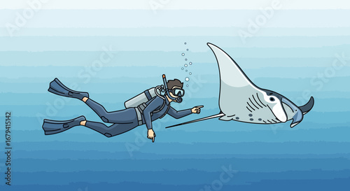 Scuba Diver Interacts With a Majestic Manta Ray In The Deep Blue Underwater World