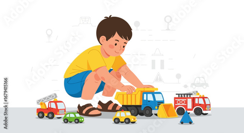 Playful Child Engrossed In Engaging With Multiple Colorful Vehicle Toys Playfully