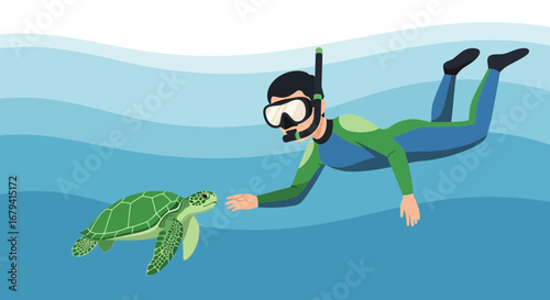Scuba Diver Interacts With A Sea Turtle In The Azure Ocean Waters For An Amazing Adventure