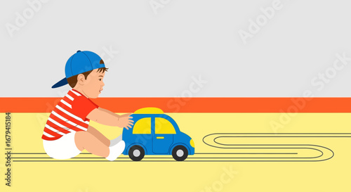 Playful Child Enjoying Toy Car On Imaginary Road, A Happy Moment, Childhood Concept