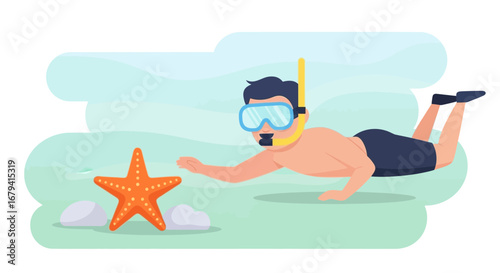 Scuba Diver Reaching Out To The Orange Starfish Under The Sea Environment