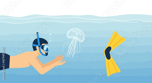Scuba diver swimming underwater with jellyfish and fins, cartoon illustration