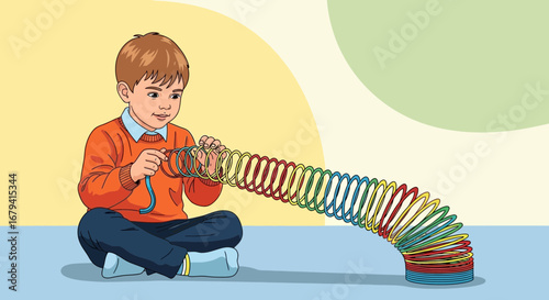 Playful Child Interacts With A Colorful Slinky, Ideal For Educational Content