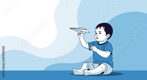 Playful Child with Paper Airplane and Abstract Background Against Serene Blue Setting