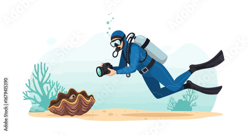 Scuba diver taking photo of clam underwater cartoon illustration