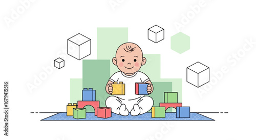 Playful Infant Building Blocks Enjoying Early Childhood Joyful Learning Experience