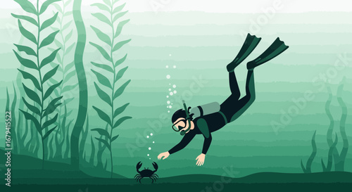Scuba diver underwater exploring aquatic life with a crab in ocean sea minimal illustration