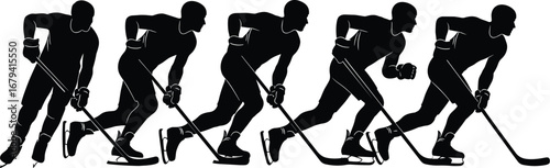 A black and white silhouette of several hockey players in a line, ice skating with hockey sticks.