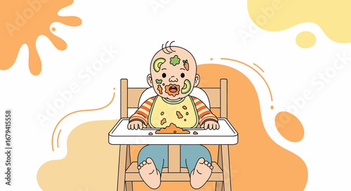 Playful Infant Enjoying Messy Mealtime In A High Chair With Food Splatters.