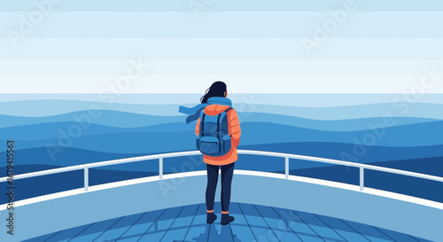 Seafaring Voyager Standing On Deck Observing Majestic Oceanic Horizons Under The Skies