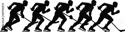 A black and white silhouette of several hockey players in a line, ice skating with hockey sticks.