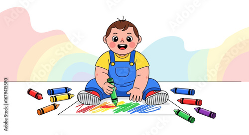 Playful Infant Expressing Creativity through Colorful Crayons on White Canvas
