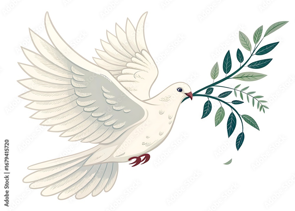Fototapeta premium Peace dove carrying an olive branch as a symbol of global unity on a clean white backdrop