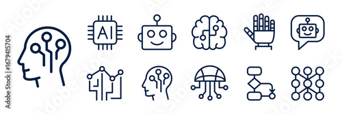 AI technology outline icon set, modern vector symbols of artificial intelligence