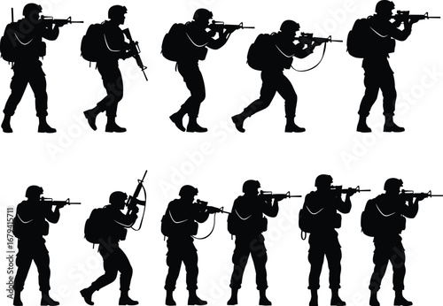 A collection of military silhouettes holding a rifle in different stances, for army and defense-related projects.