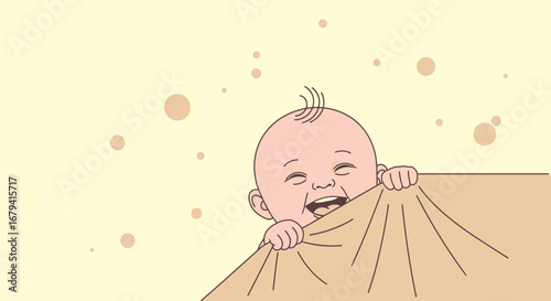 Playful Infant Peeking And Grinning With Delight Behind A Beige Blanket