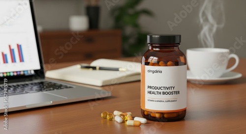 Productivity booster supplement bottle on office desk with laptop and coffee