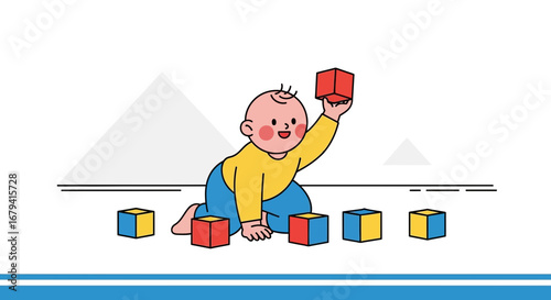 Playful Infant Reaching For Blocks In A Delightful And Simple Illustration Style