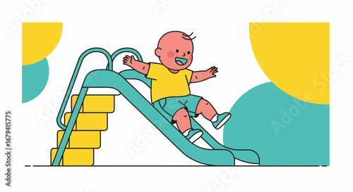 Playful Infant Slides Down Playground Slide, Happiness and Joyful Moments in Summer