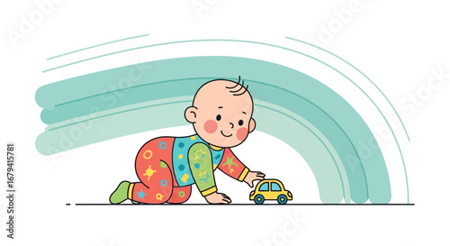 Playful Infant Reaching Towards Toy Car, Illustration Depicting Childhood Moments Happily Playing