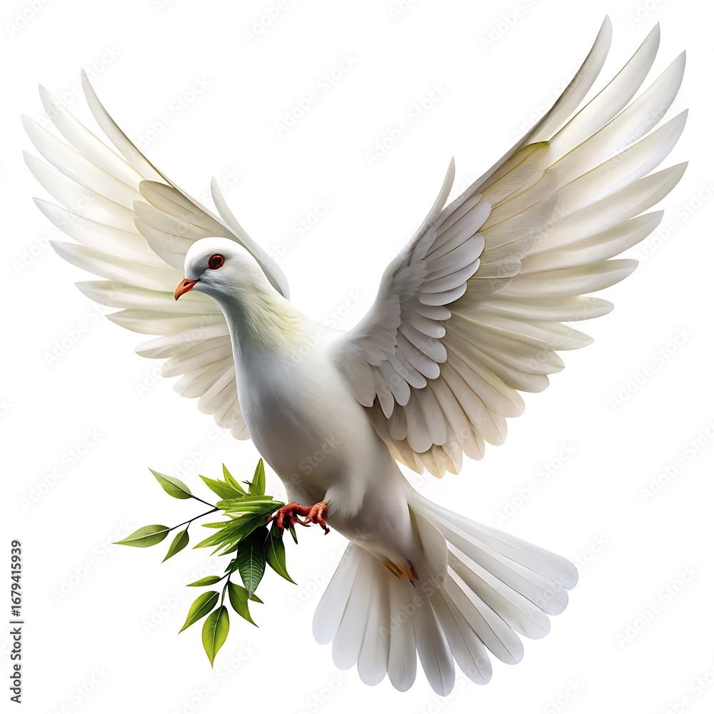 Fototapeta premium Peace dove carrying an olive branch as a symbol of global unity on a clean white backdrop