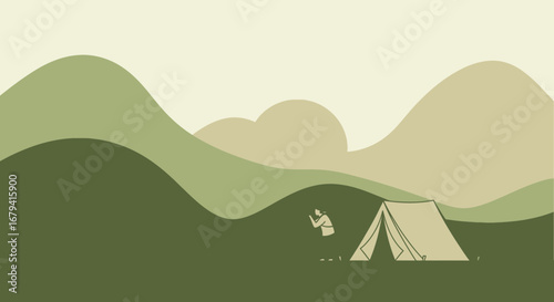 Serene Camping Scene Depicting Relaxation Amidst Natural Landscapes and Mountainous Terrains