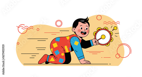 Vibrant Illustration of a Joyful Infant Crawling with Musical Instrument in Hand