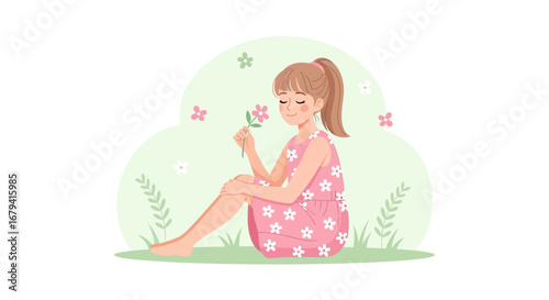 Serene Girl Smelling Flower in a Field Creating a Peaceful and Joyful Moment