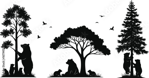 A collection of black and white silhouettes of mother bears with their cubs and trees.