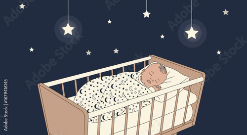 Serene Infant Asleep Under Celestial Canopy Depicting Dream-Filled Slumber
