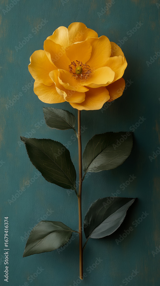 Fototapeta premium Vibrant yellow flower with delicate petals and long stem, accompanied by deep green leaves, presented elegantly against textured teal background