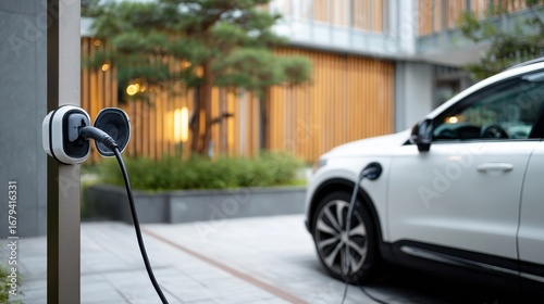 Public EV Charging Point with Cable Connected to Vehicle
