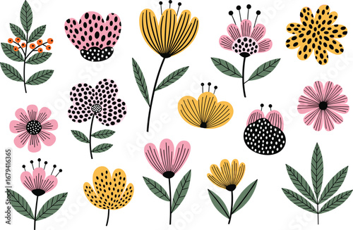Cute abstract flowers and berries vector set, bright and colorful illustrations for spring and summer designs with a retro feel.