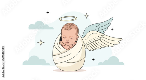 Serene Newborn Angel: Delicate Swaddled Infant With Heavenly Wings and Halo