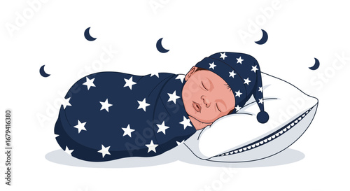 Serene Newborn Wrapped In Starry Blanket Dreaming While Resting Peacefully At Night
