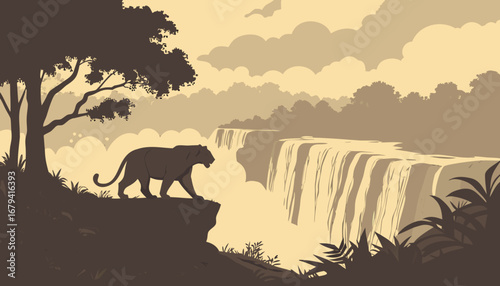 "A vector art of lone tiger walking along the edge of a misty waterfall, early morning fog, dramatic golden sunlight breaking through clouds, ultra-detailed cinematic wildlife photography, high-resolu