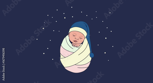 Serene Newborn Adorned In Cap, Swaddled With Gentle Embrace, Dreaming Under Stars