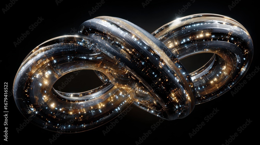 Obraz premium Luminous Infinity - Reflective Mobius Strip with Sparkling Highlights on Black Background.